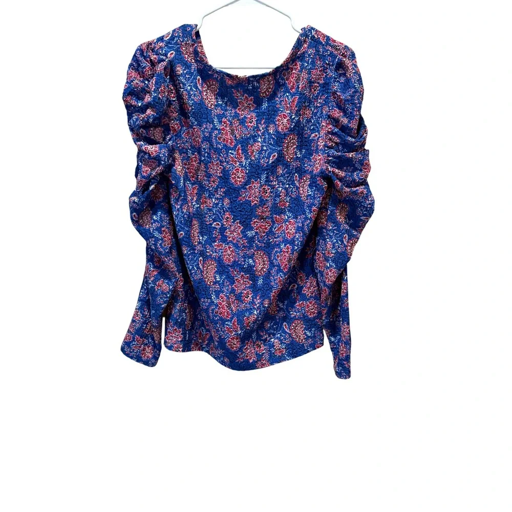 Loft Blue Floral Ruched Puff Sleeve V-Neck Blouse Top Large Boho Romantic